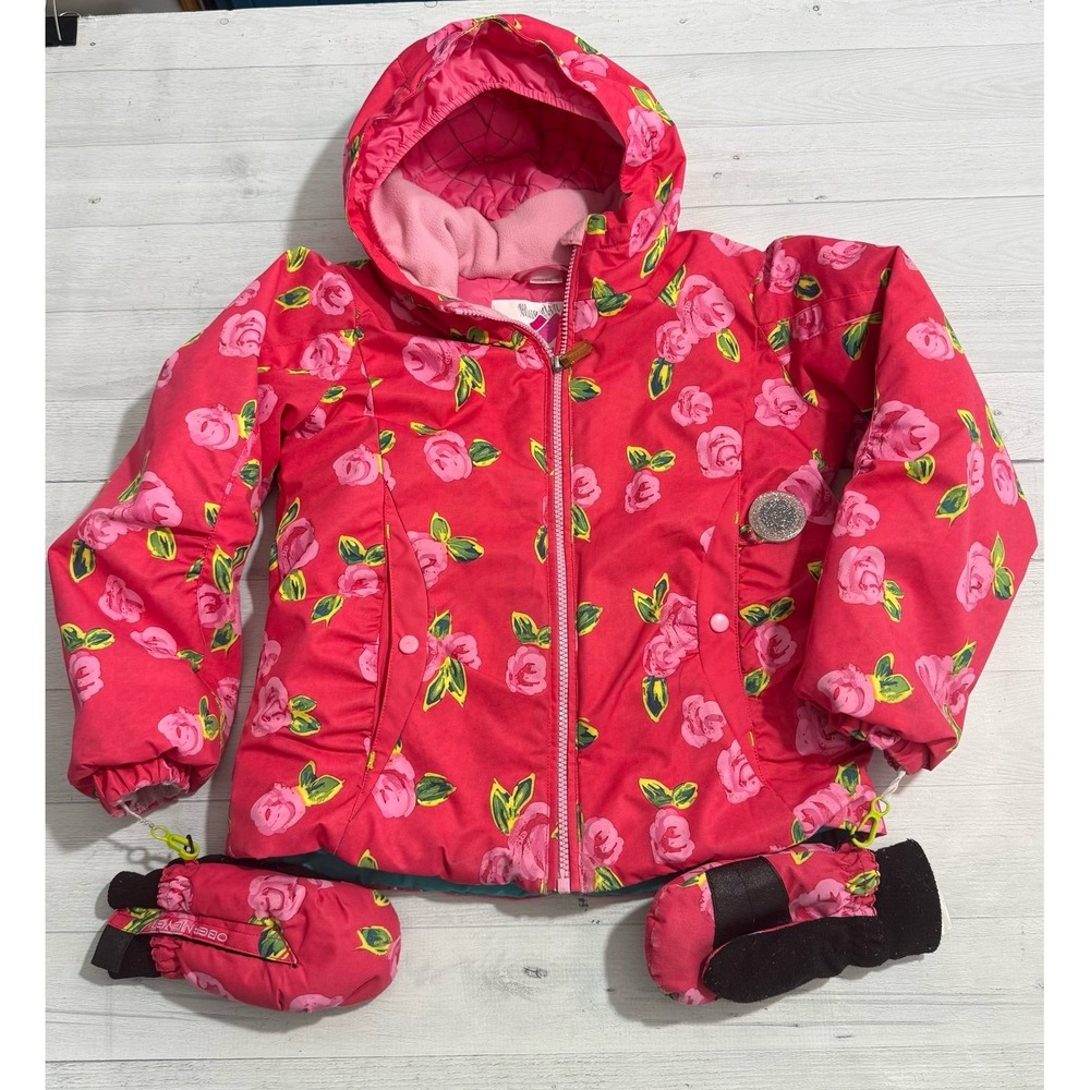 Obermeyer girls pink floral winter ski jacket with mittens size 7